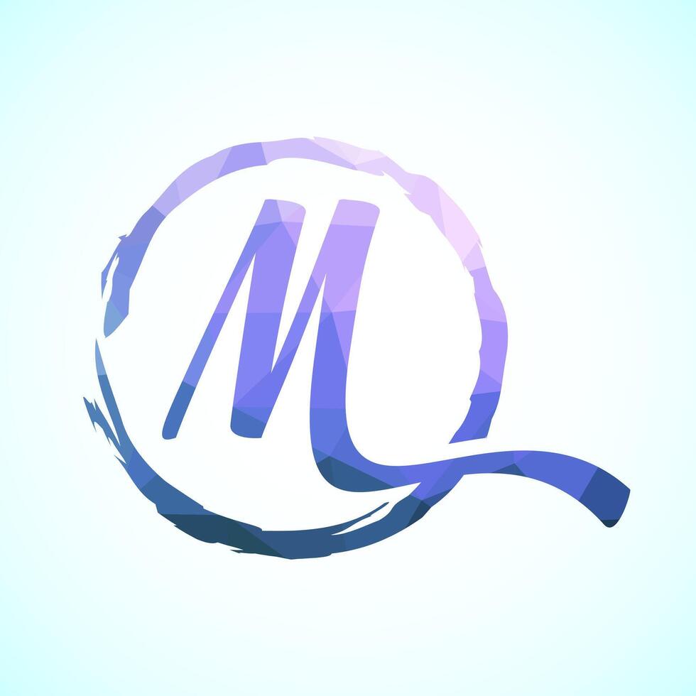 Low poly alphabet M, Hand drawn letter in a brush circle on white background vector