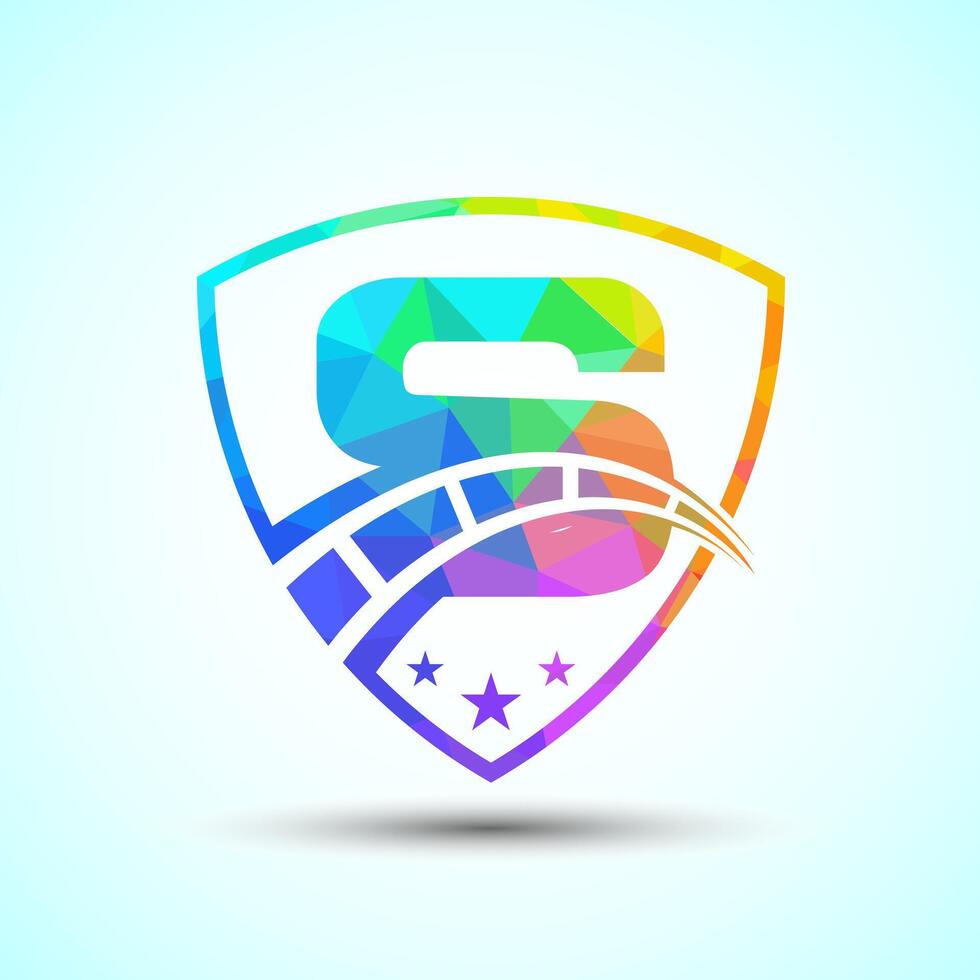 Low poly alphabet S with speedometer and shield sign. The automotive logo design concept vector