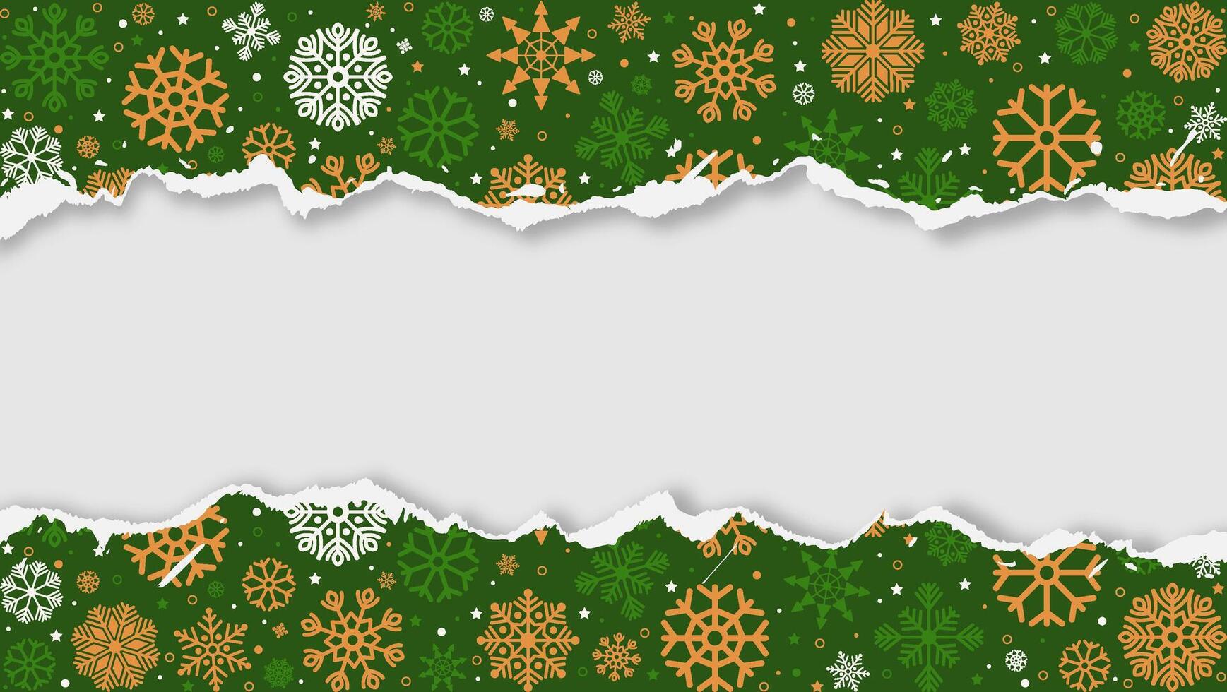 Green Christmas background with torn paper edges and snowflakes. Ripped paper design with space for your text or image. vector
