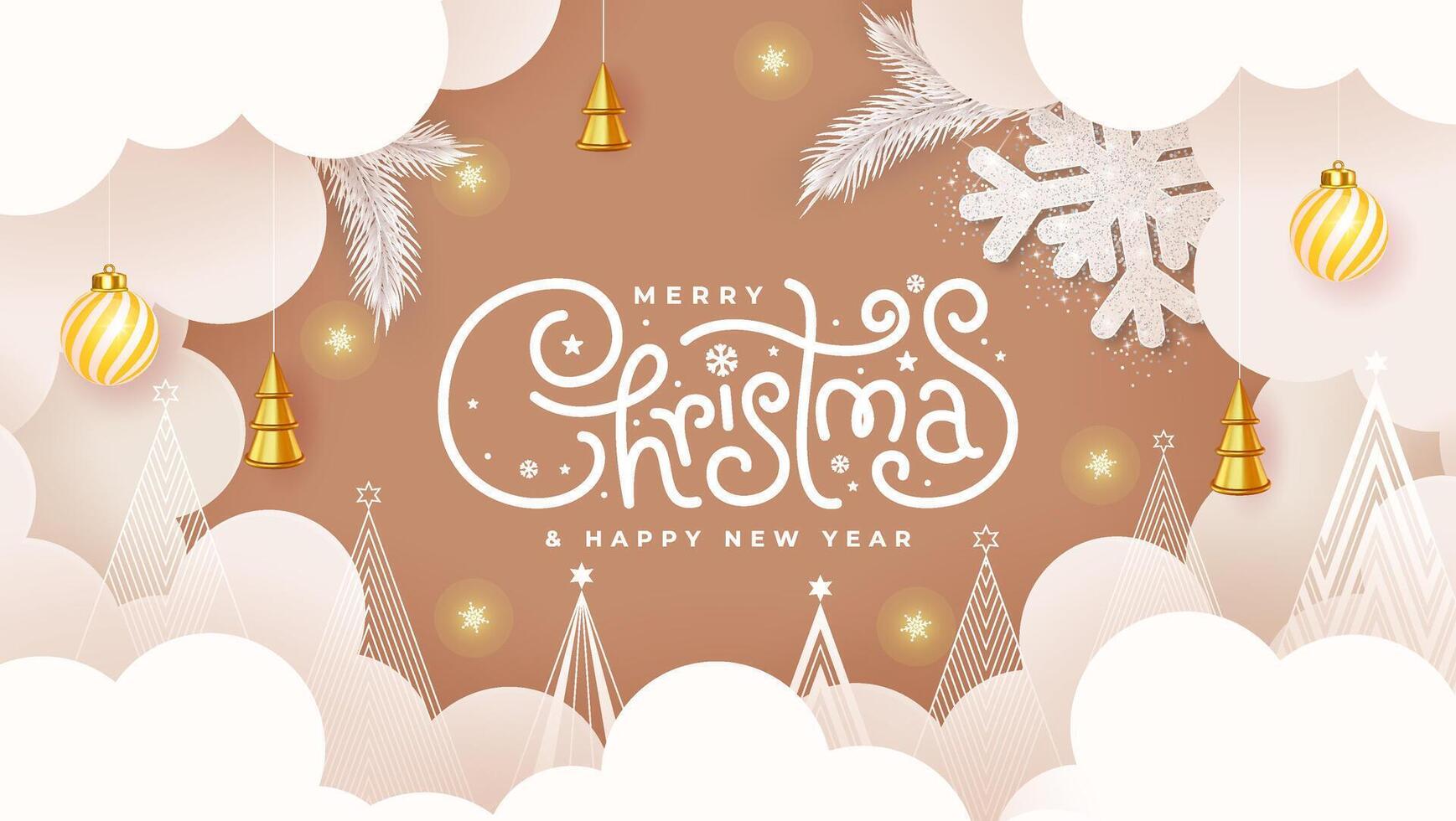 Christmas greeting card in paper cut style featuring clouds, trees, and decorations on a brown background with Merry Christmas and Happy New Year text. vector