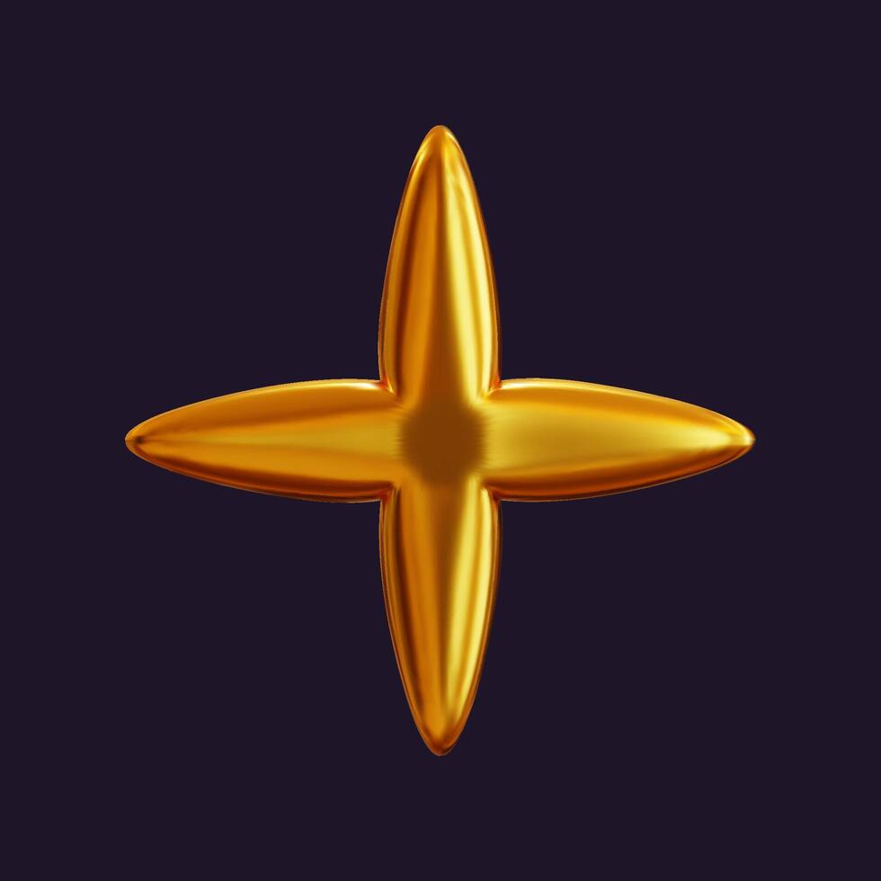 A 3D holographic star with a shiny, reflective surface. Golden metallic design featuring a retro-futuristic vibe, displayed in isolation. vector