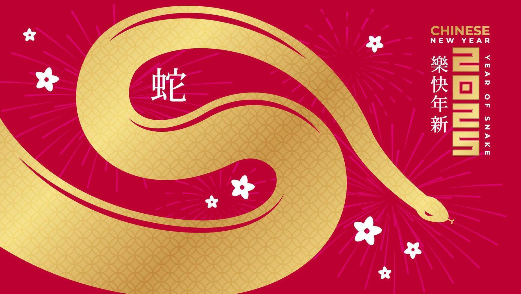 Chinese New Year 2025, celebrating the Year of the Snake. Features a gold snake paired with traditional Chinese motif. Chinese translation Happy chinese new year 2025, year of snake. vector