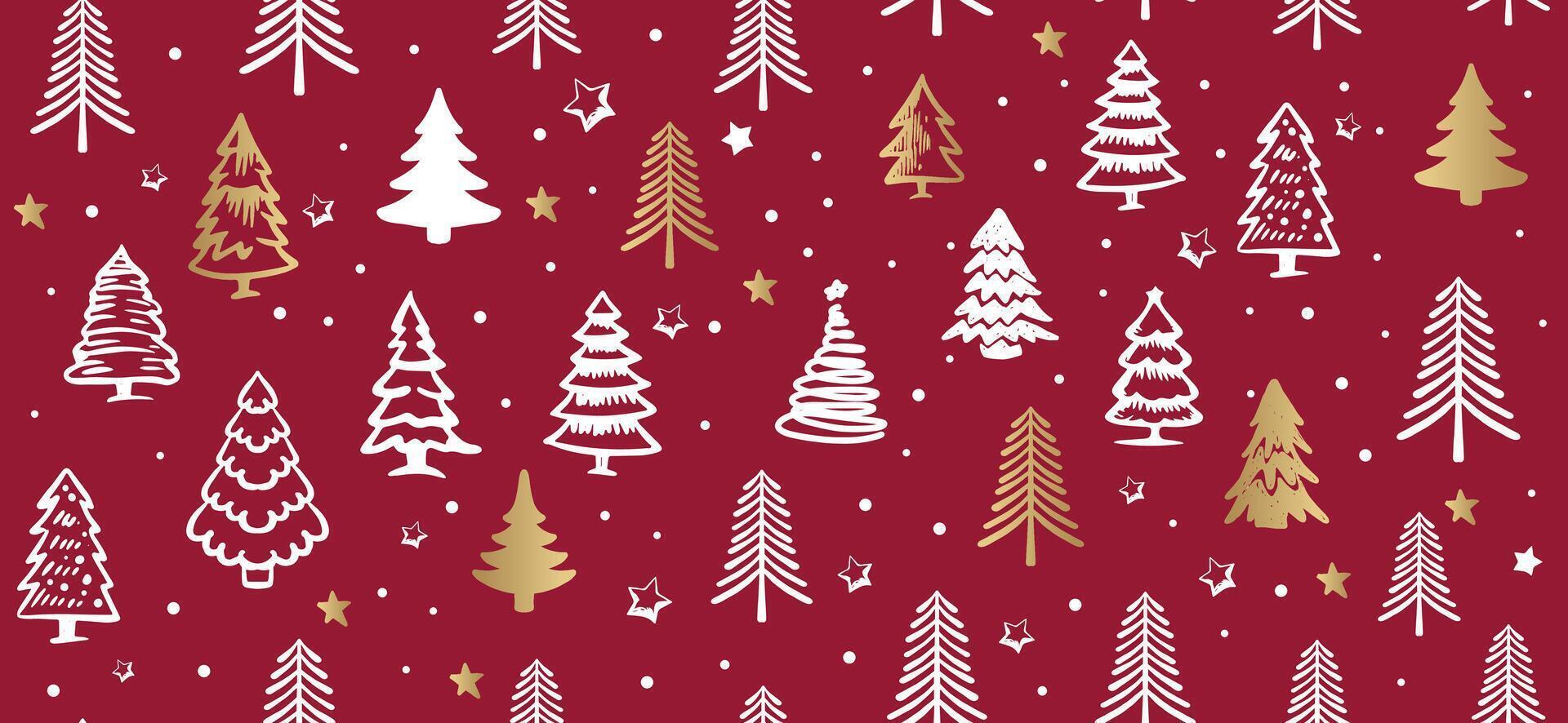 Christmas tree pattern on red background, Hand drawn illustrations. vector