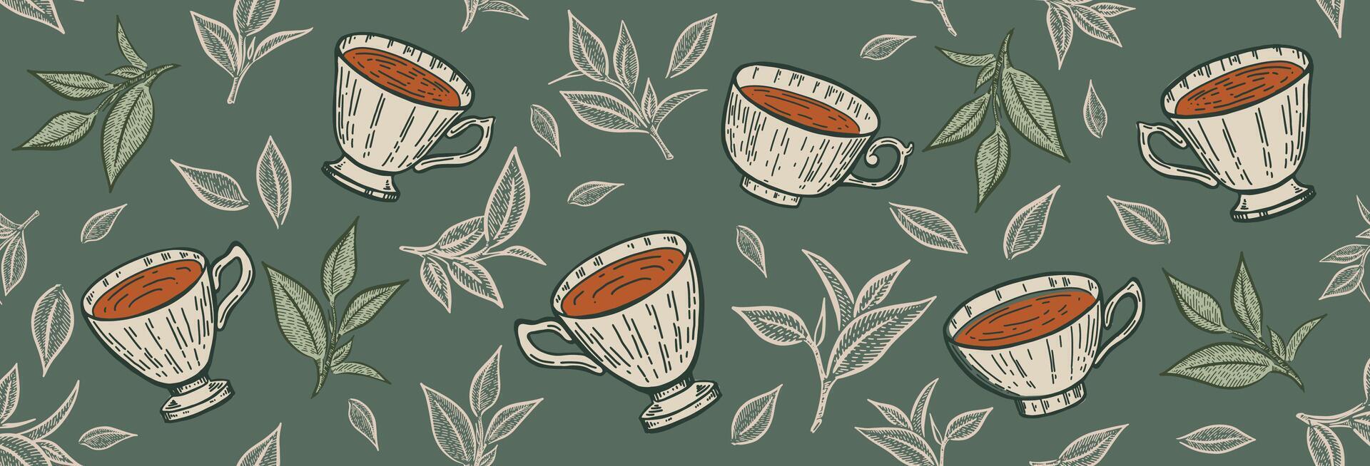 Cup of tea and Green leaves pattern on green background, hand drawn illustrations vector