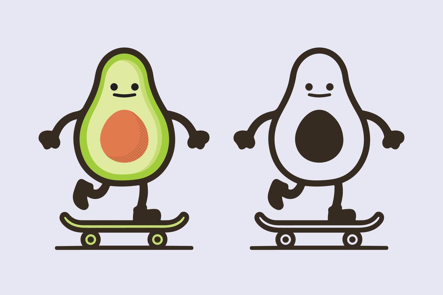Retro avocado fruit playing skateboard cartoon character illustration vector