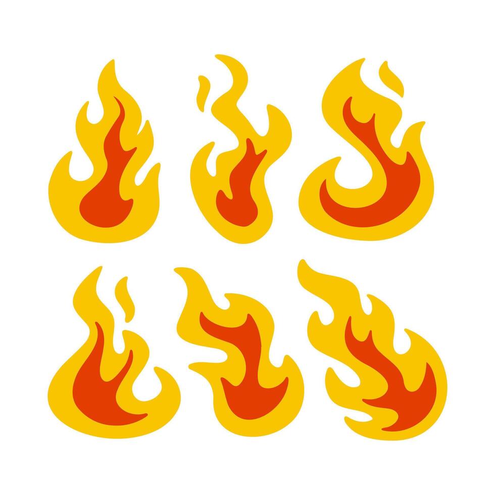 burn flame icons set on white background. Includes hot fire, fireball, and burning signs. Flat, isolated clipart for use in designs, illustrations, and digital projects. vector