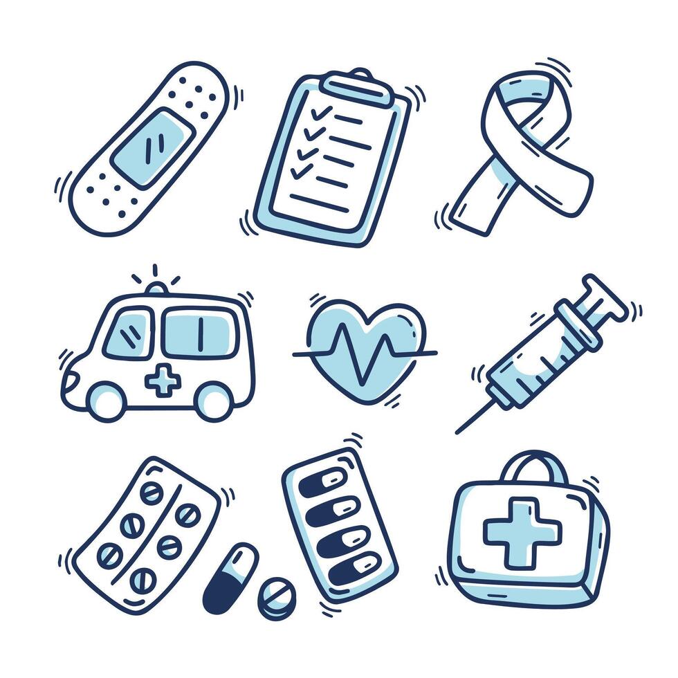 Hand-drawn medical icons set featuring syringe, bandage, ambulance, pills, heart monitor, and more. Perfect for healthcare designs, infographics, and educational projects. illustration. vector