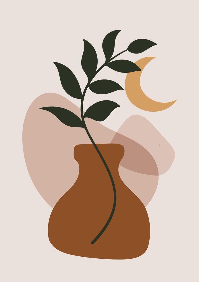 Simple minimalist illustration of a plant in a vase with abstract shapes and a crescent moon. Earthy tones and modern aesthetic. Perfect for wall art, home decor, and design projects. vector