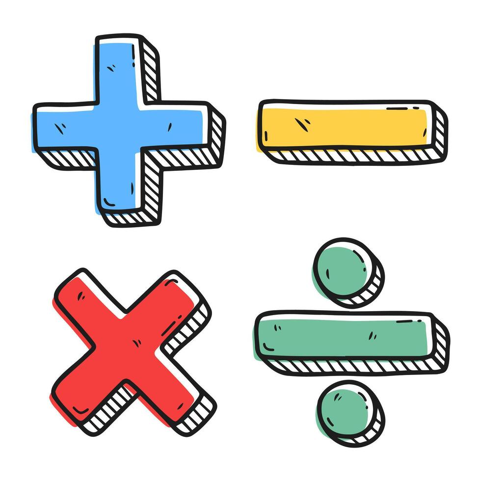 A fun and colorful hand drawn doodle set of math symbols addition, subtraction, multiplication, and division. Perfect for educational materials, posters, or playful designs. vector