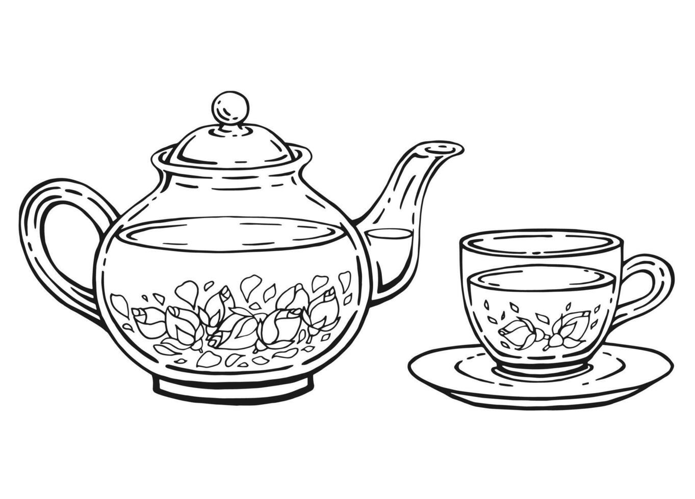 Hand drawn teapot, cup, rose. illustration in outline style. vector