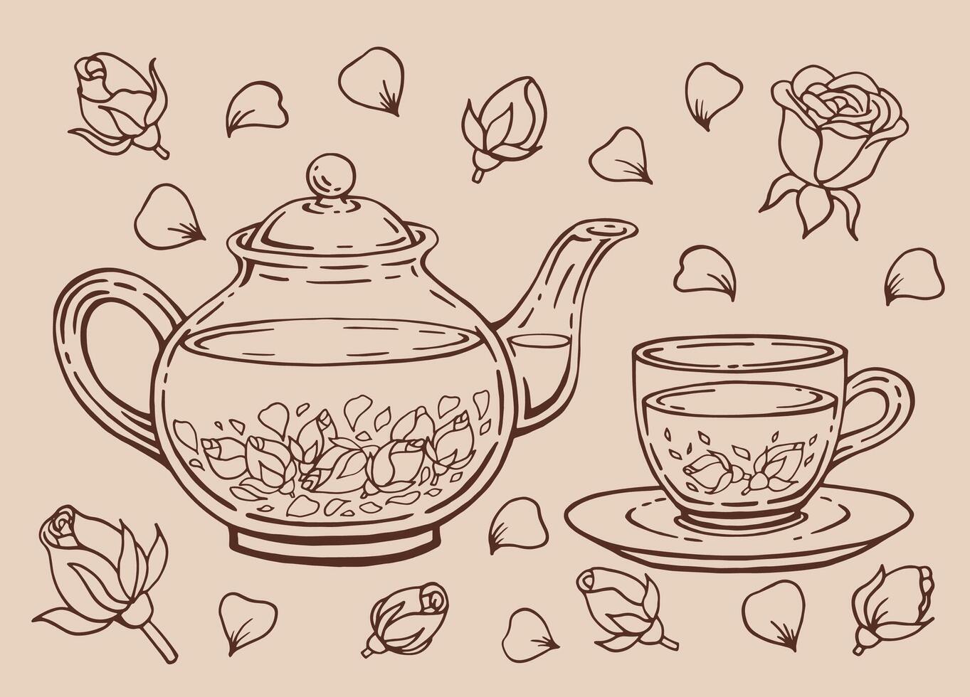 Tea set with glass teapot and cup, rose. Hand drawn illustration in outline style. vector