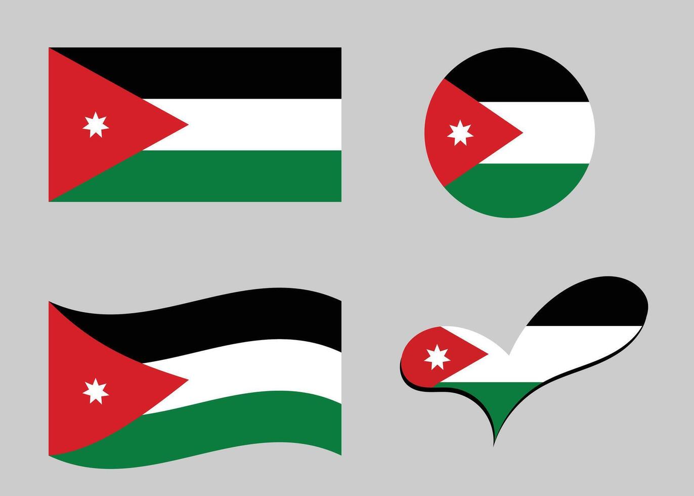 Jordanian flag. Flag of Jordan in heart shape. Jordan flag in circle shape. Country flag variations vector