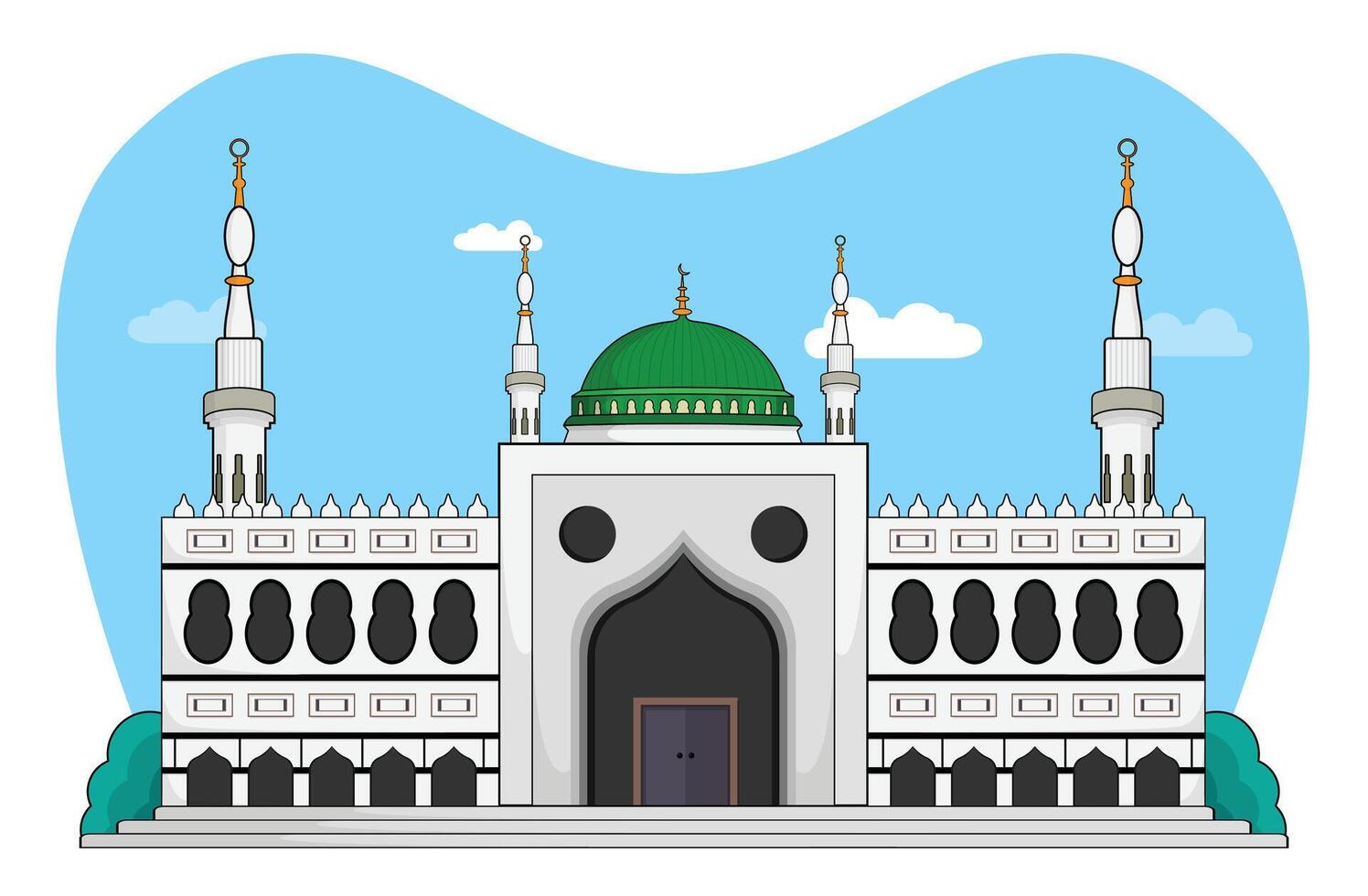 Muslim big mosque for islamic organizations or communities, a flat design of a masjid crescent with sky cloud background illustration vector