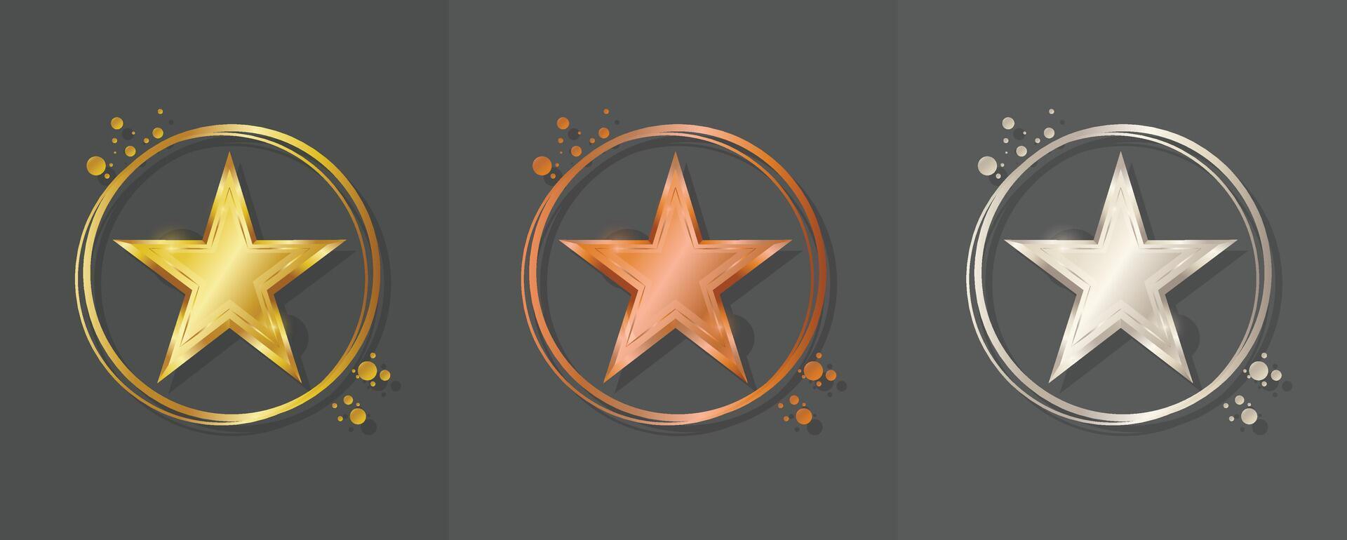 Set of golden, bronze, silver stars with gold circle ring illustration isolated on white background vector