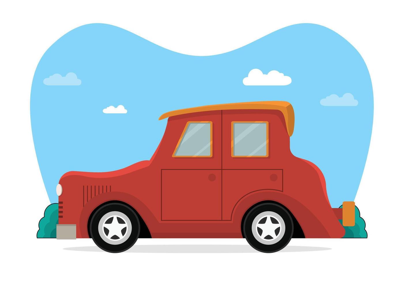 Vintage old antique cartoon sports car simple cute illustration with sky background vector
