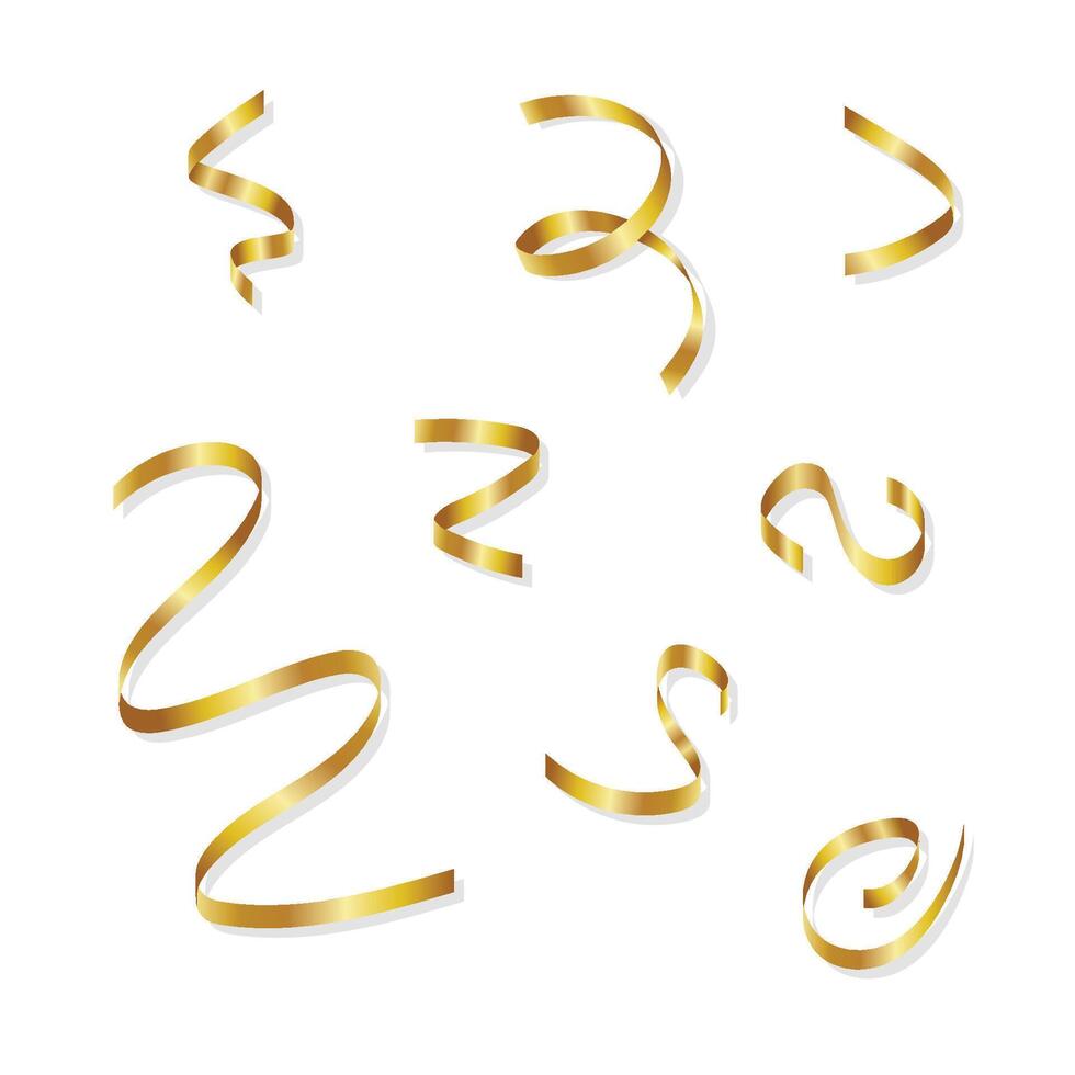 Set of golden ribbon, confetti explosion, shiny golden paper cuts that fly and spread vector