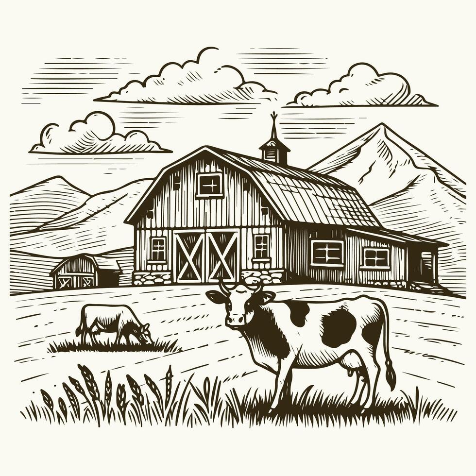 Country Barn and Cow Sketch vector