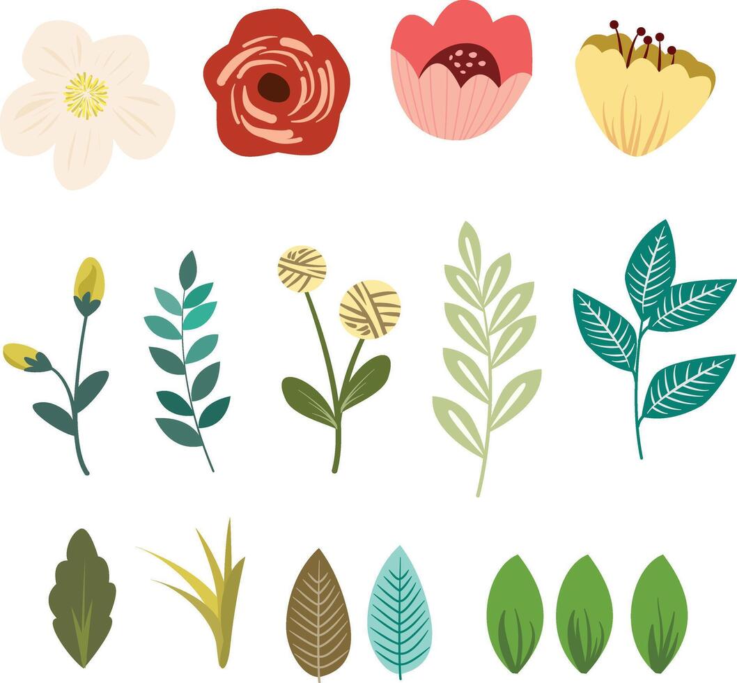 Collection of flowers with leaves, wreaths. Spring art print with botanical elements. Isolated on white background. vector