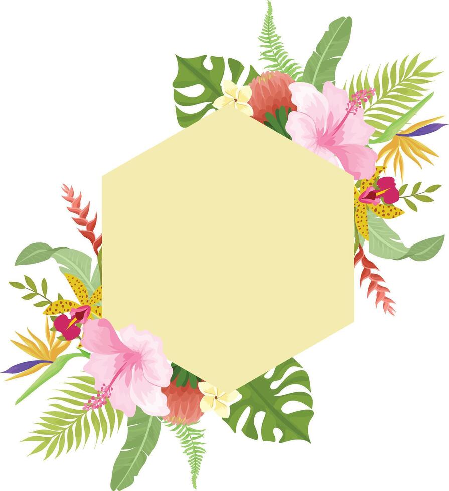 Bingkai daun tropis, bunga, dan ranting. Ilustrasi untuk desain undangan pernikahan, kartu ucapan, kartu pos. Bunga musim semi atau musim panas dengan ruang untuk teks Anda vector
