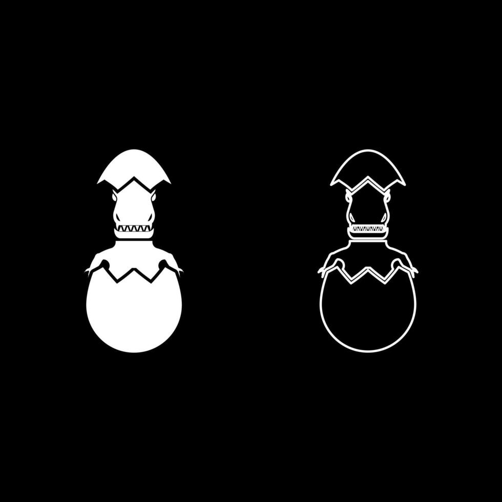 Evil dinosaur hatch from egg cracked eggshell set icon white color illustration image solid fill outline contour line thin flat style vector