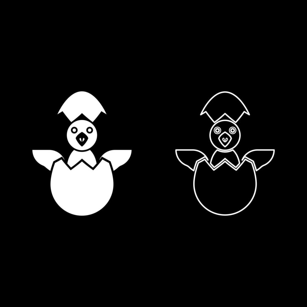 Chicks hatch from the egg baby bird cracked eggshell set icon white color illustration image solid fill outline contour line thin flat style vector