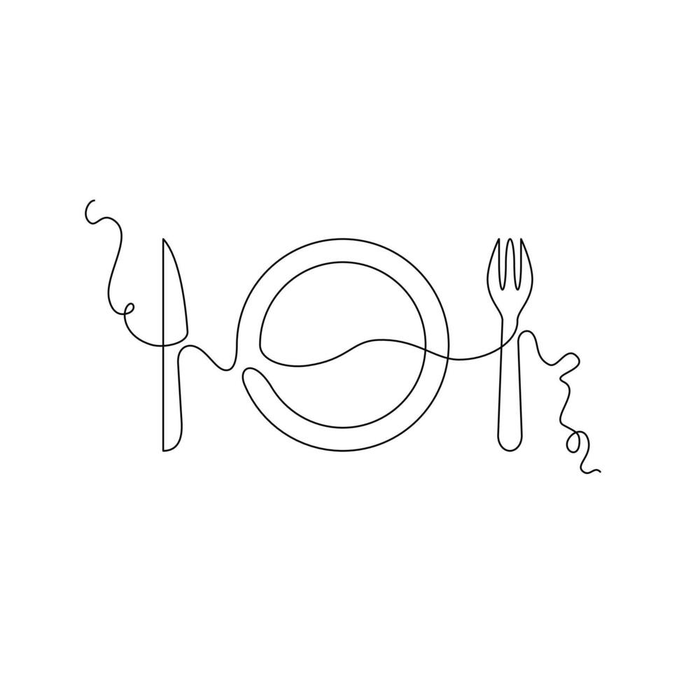 one line art knife, plate and fork illustration. line art, one continuous line, simple, hand drawn and sketch style. for icons, symbols, signs or logos vector
