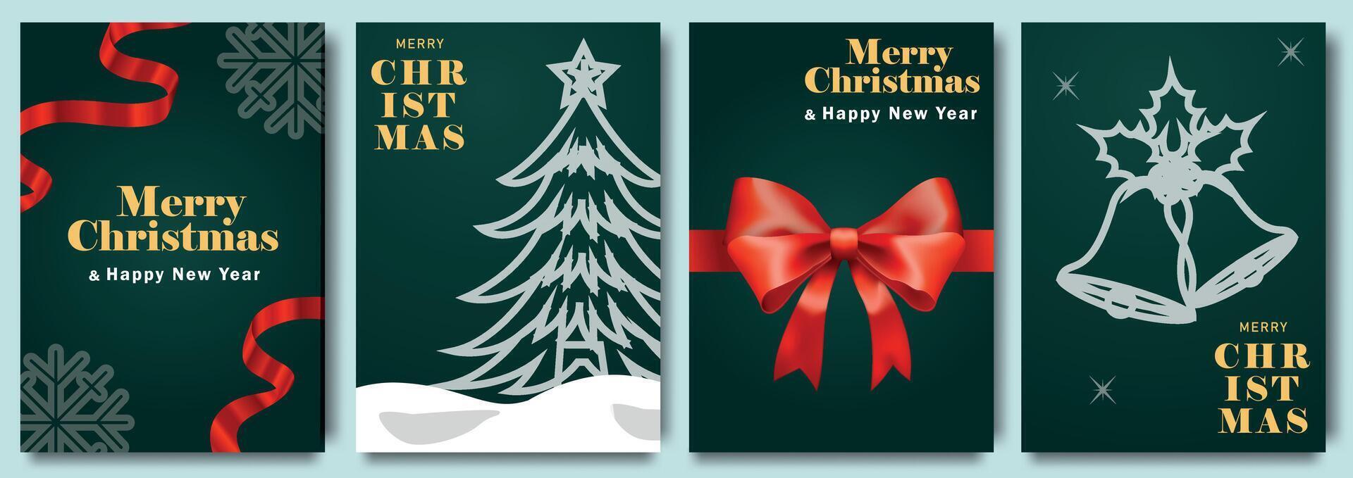Luxury Christmas greeting card art deco design. Christmas card collection with festive decorations trees, bows, bells, and snowflakes on a green background. Template for cover, poster, banner vector