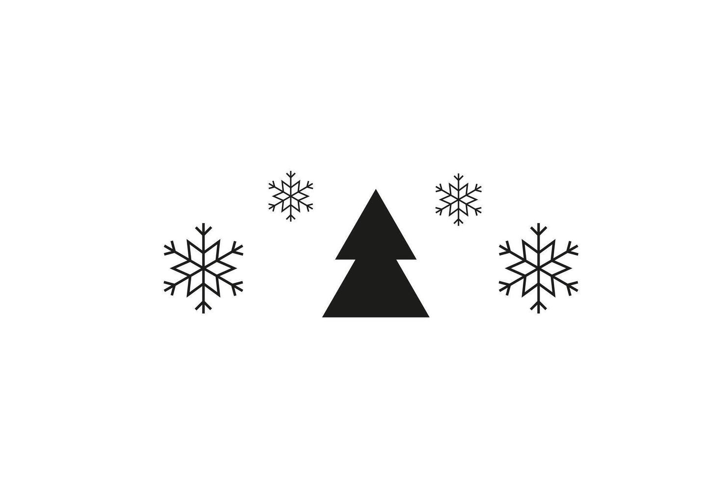 Minimalist black and white design featuring a simple triangular Christmas tree at the center, surrounded by symmetrical snowflakes vector