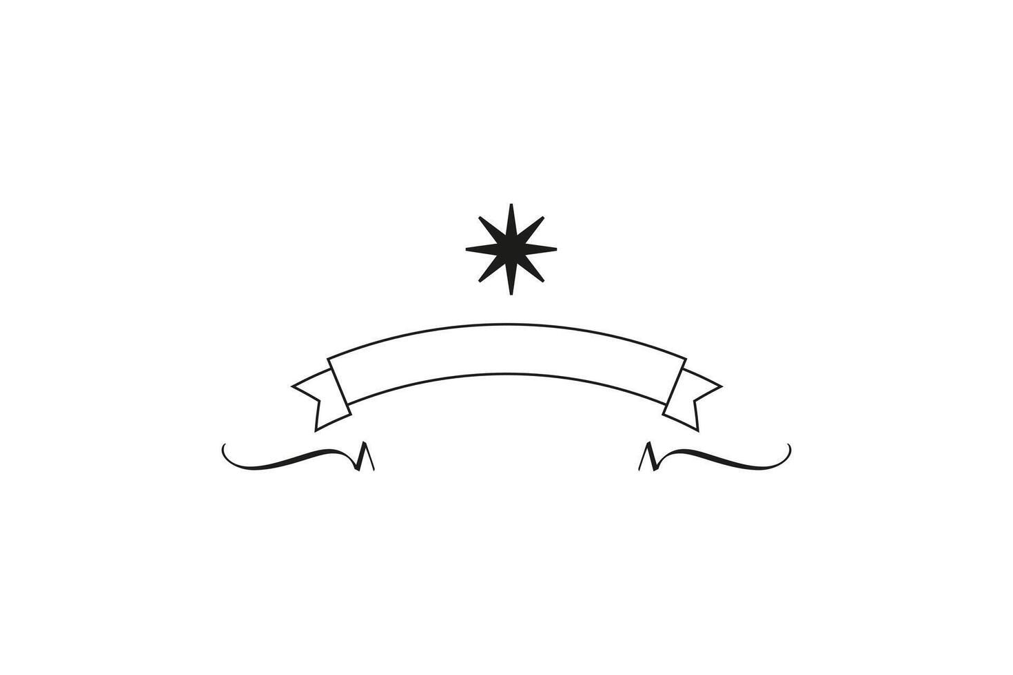 Simple illustration of a blank banner with a star above and swirl ornaments below, in black on white. vector
