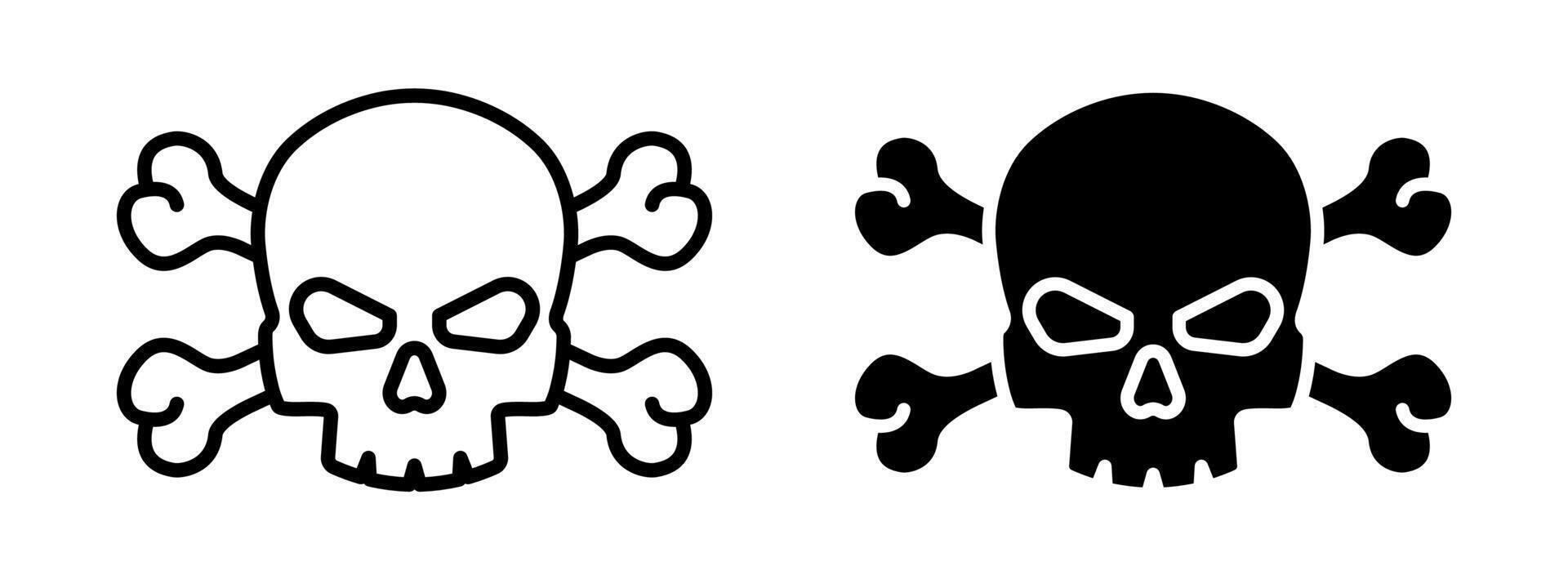 Skull with crossed bones icon. Pirate skeleton logo. Danger symbol. Skull with bones illustration. Crossbones sign. Death pictogram. Dead concept. vector