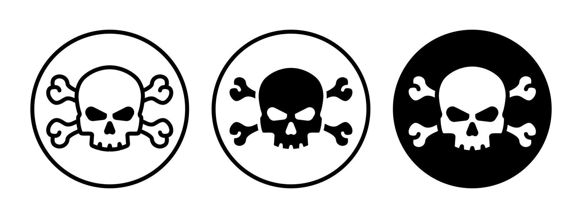Danger sign with skull and bones icon. Poison symbol. Toxic warning illustration. Pirate black mark symbol. Skull with crossbones circle label. Danger warning pictogram. Death concept. vector