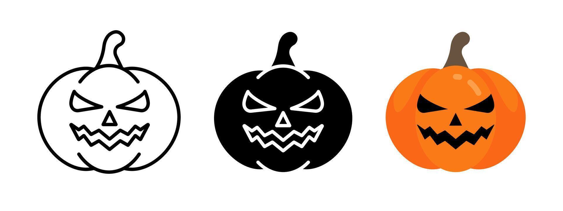 Cute Halloween pumpkin icon. Pumpkin with scary face illustration. Jack lantern symbol. Spooky orange pumpkin decoration. Funny cartoon Halloween pictogram. vector