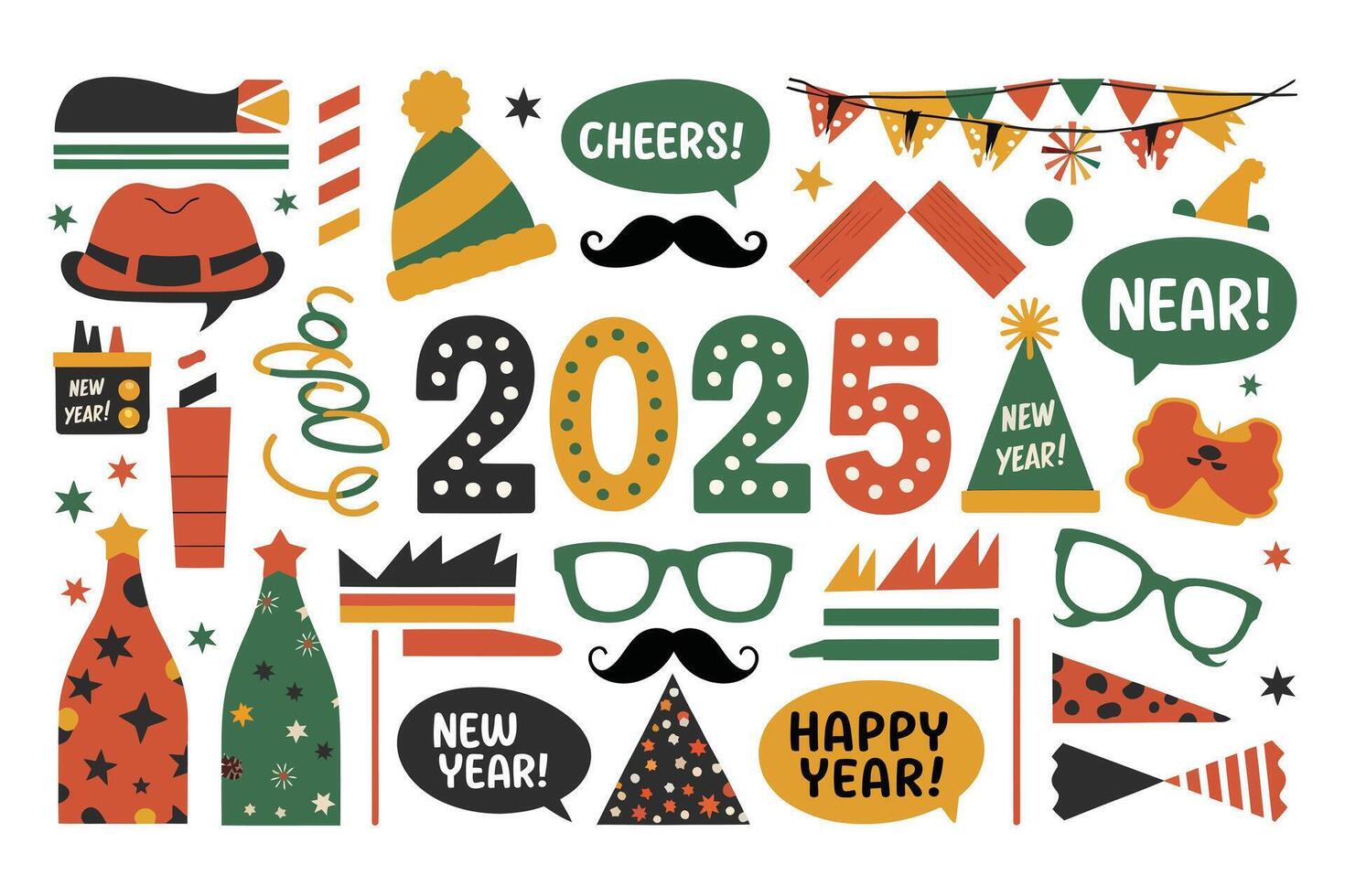New year's party decorations with hats, glasses, and other items vector