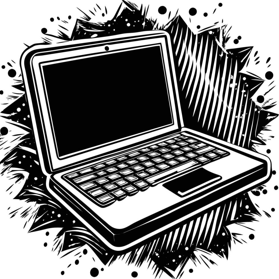 A black and white drawing of a laptop computer vector