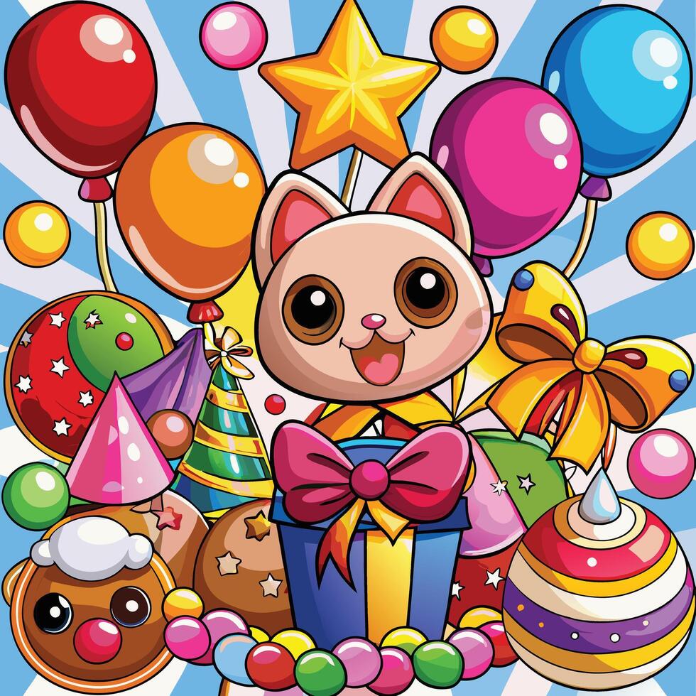 A cartoon cat surrounded by balloons and other items vector