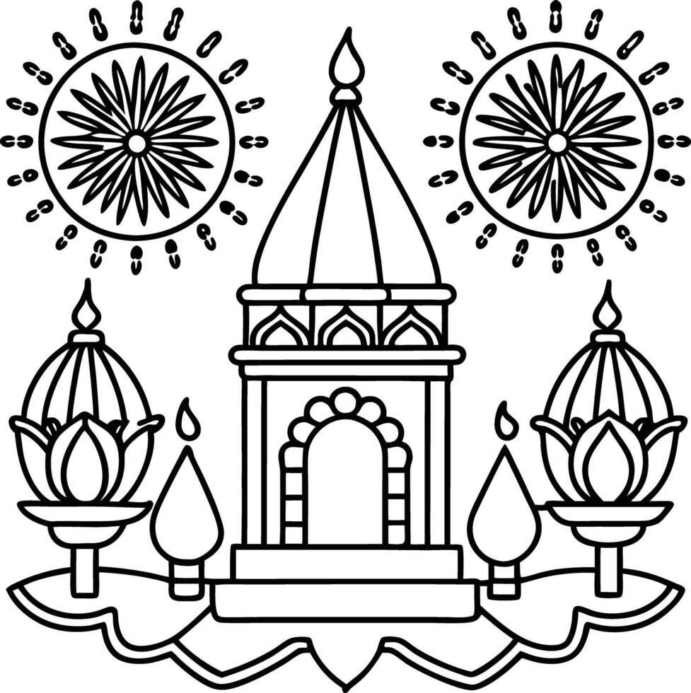 A black and white drawing of a temple with candles and flowers vector