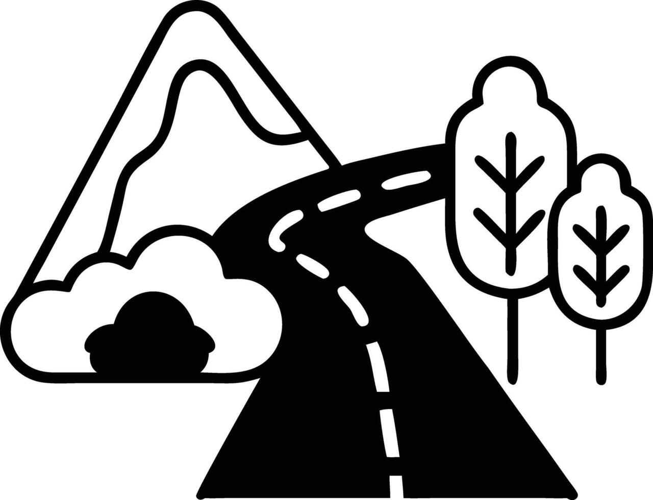 A black and white illustration of a road and trees vector