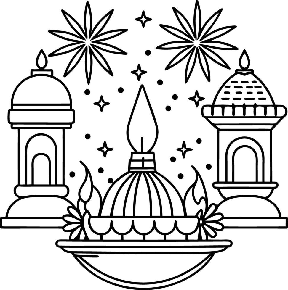 A black and white drawing of a temple and a lamp vector