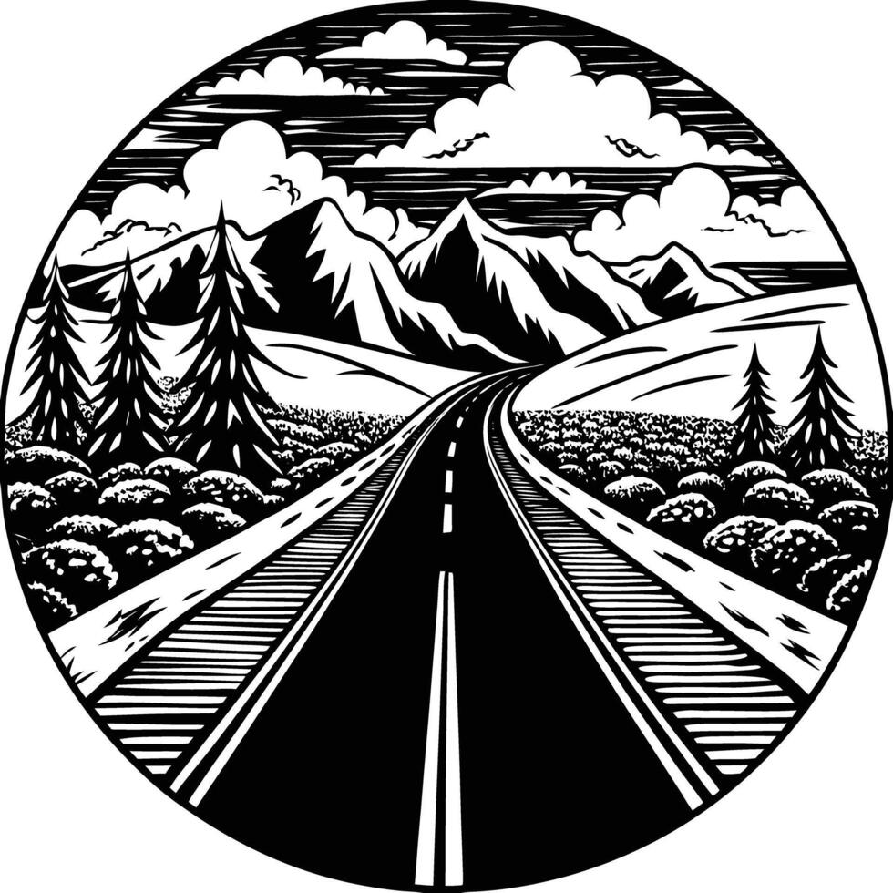 A black and white image of a road with mountains in the background vector