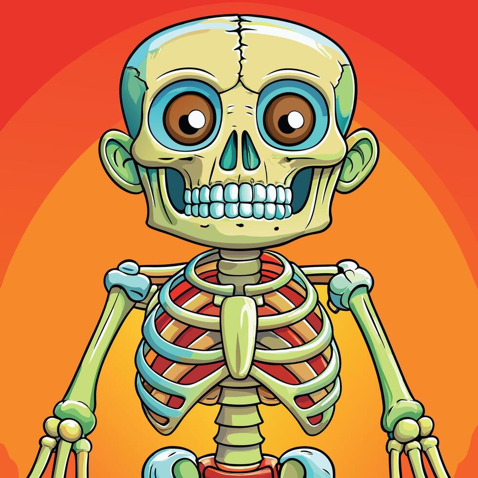 A cartoon skeleton with a red background vector