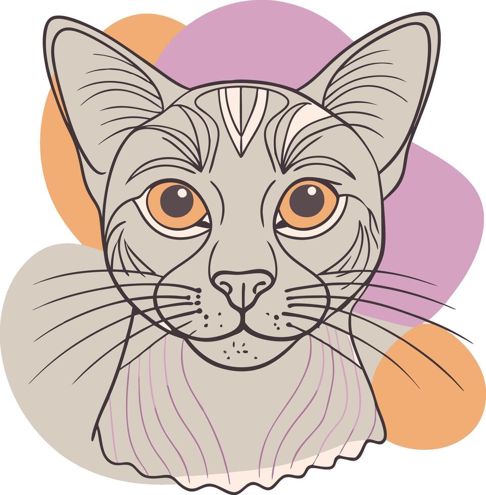A cat's face with orange eyes and a purple background vector