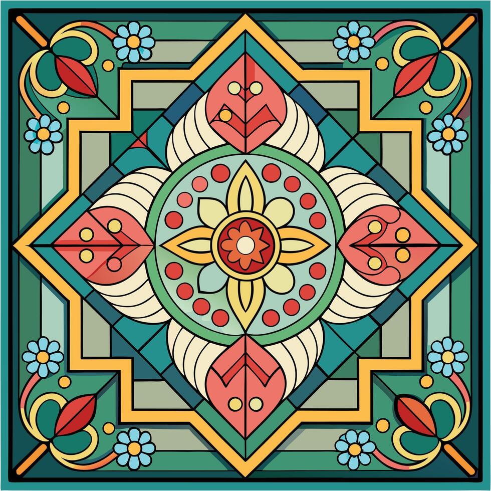 A colorful stained glass design with a floral pattern vector