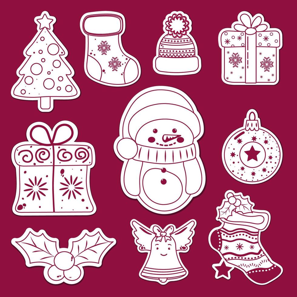 cute flat isoalted set of outline 10 stickers with christmas decorations. simple outline sticker pack vector