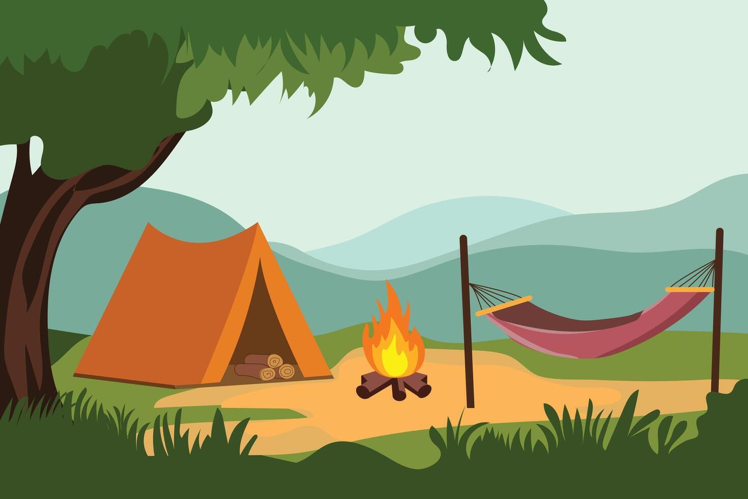 A picture of a camping area with a campfire landscape mountain illustration vector