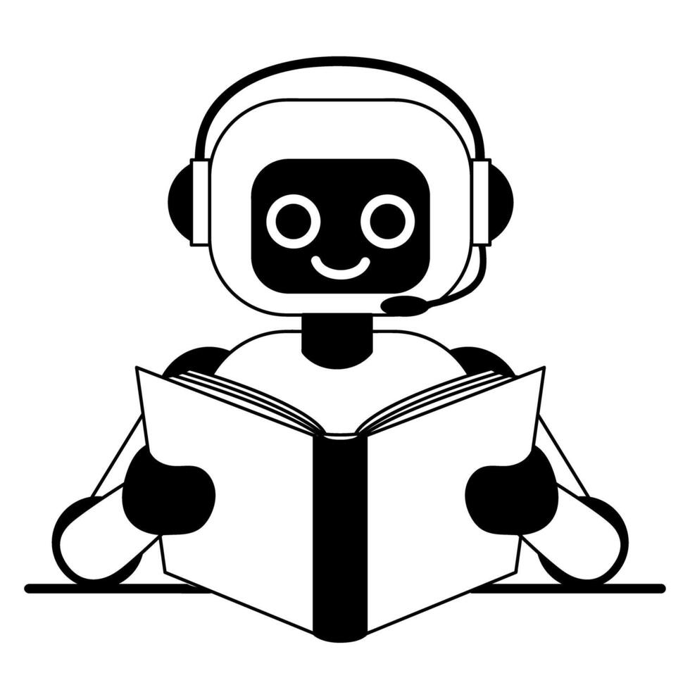 Black and white line icon of chatbot reading a book isolated on transparent background vector