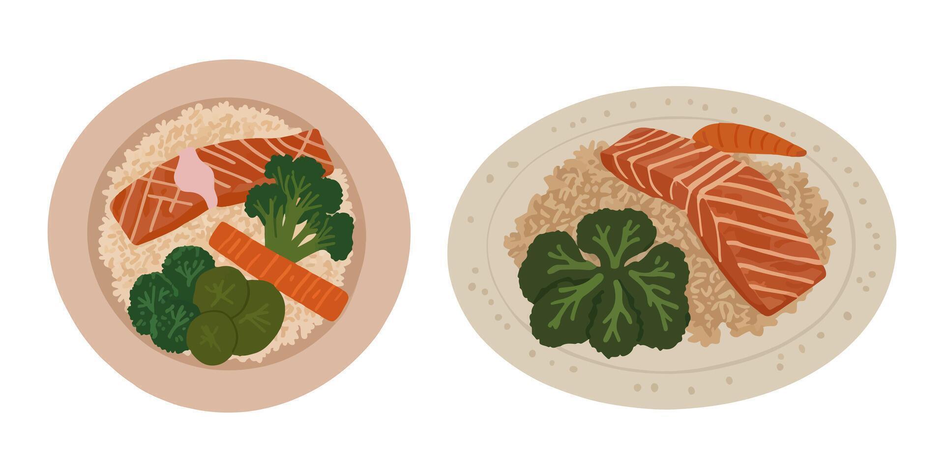 Food - Grilled Salmon with Brown Rice and Veggies vector