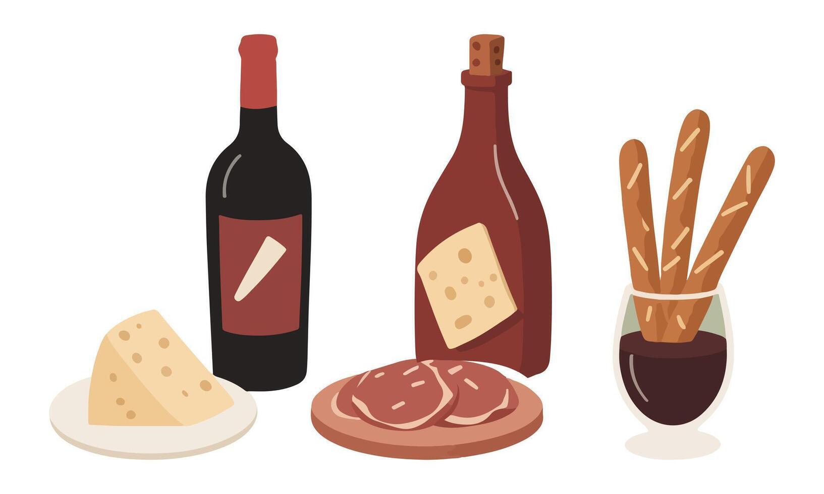 Wine Bottle and Charcuterie Board Illustration Featuring Cheese and Meats vector