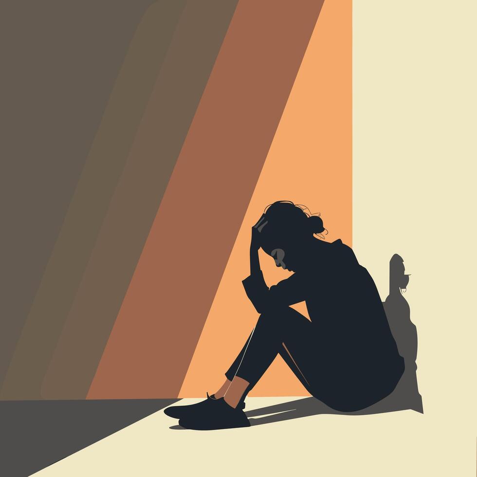 Silhouette of a person sitting alone in a corner, head bowed, against a background of warm color blocks depicting isolation and sadness. vector