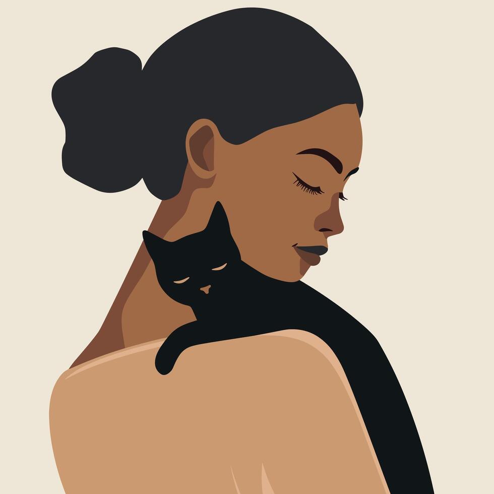 Minimalist illustration of a Black woman with a sleek bun hairstyle, embracing a black cat on her shoulder against a beige background. vector