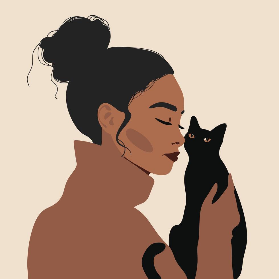 Side profile of a Black woman with her eyes closed, tenderly holding a black cat against a neutral background in a minimalist illustration. vector
